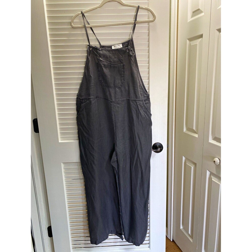 Zenana Gray Lyocell Wide Leg Tie Strap Overalls Pockets Square Neck L